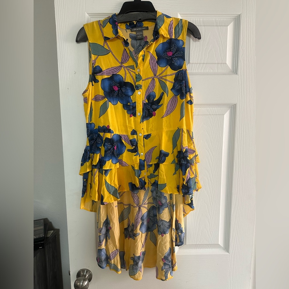 Kate & Mallory floral yellow high low ruffle hem tunic top S